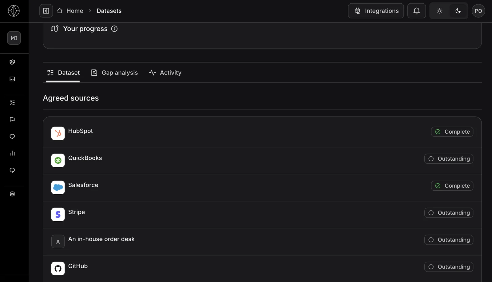 Dashboard on the buyer's platform listing the sources a seller has agreed to share and their status